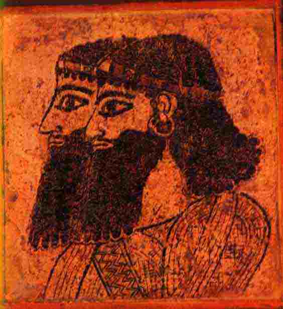This is what the ancient Assyrians who conquered the Tigris in 722 BC looked like. The two Assyrians were court officials. Their black curly hair, headband, twisted moustache, long spade beards and earrings were fashionable among the Assyrian nobility. This wall painting was taken from a palace in Tell Ahmar , NE Syria on the east bank of the Euphrates.