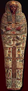 Ancient Egyptian Sarcophagus. Example of painted wood and Egyptian writing. Egyptian Art, Late Period, from Thebes Dynasties XXII - XXV (9th - 8th Century B.C.) Painted wood (completely inside and out), Height 77 inches Mixture of chalk, glue, and vegetable fibres. Much of the writing discovered by archaeologists recently has shown that writing was in existence thousands of years before Moses. Not too long ago scholars believed that "Moses could not have written the first parts of the Bible because writing was unknown at that time"(1500 BC).